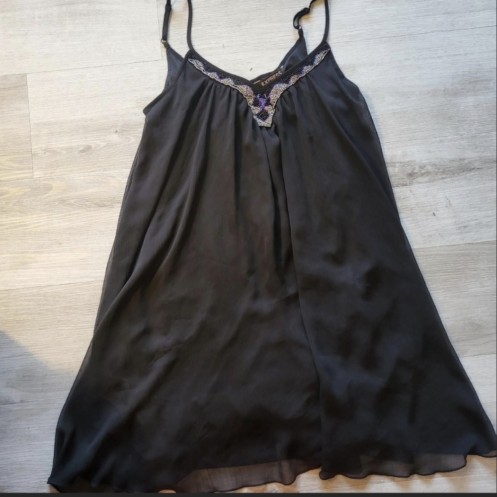 Black Chiffon Long Top with Beaded V-Neck